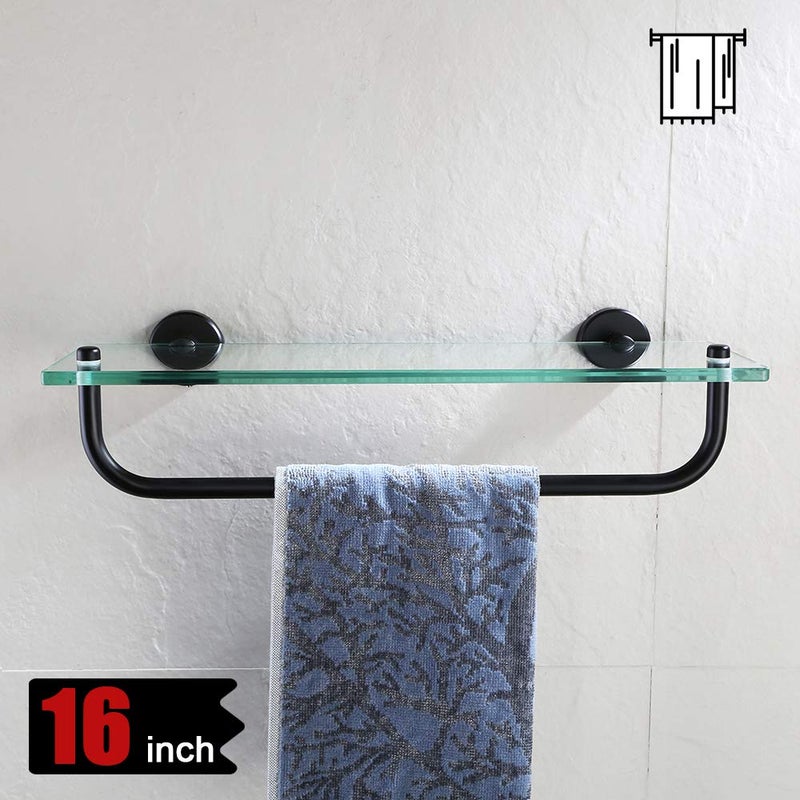 JQK Bathroom Glass Shelf, Shelf with 15 Inch Towel Bar Tempered Glass Shower Storage 16 by 5 inches, 304 Stainless Steel Matte Black Wall Mount, TGS100-PB - Image 3
